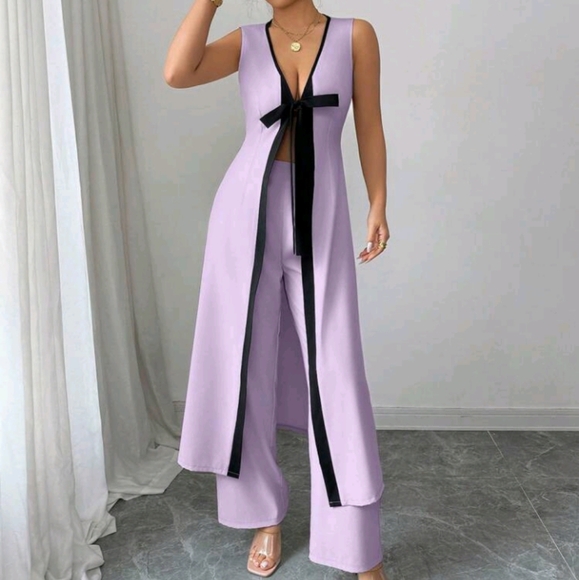 Fashionable Elegant V-Neck Sleeveless Long Top With Waist Tie And Wide Leg - Picture 4 of 5